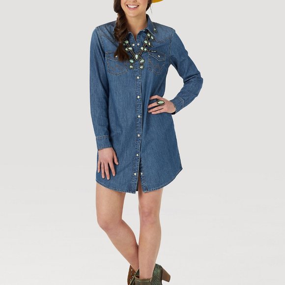 Sz M Chiqle Western Denim Shirt Dress with  Pearl Snaps - Picture 2 of 16